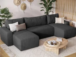 Narożniki></noscript>BROMARKT Grafitowy narożnik do salonu z funkcją spania PLUSH U boucle