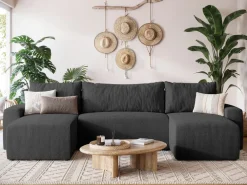 Narożniki></noscript>BROMARKT Grafitowy narożnik do salonu z funkcją spania PLUSH U boucle