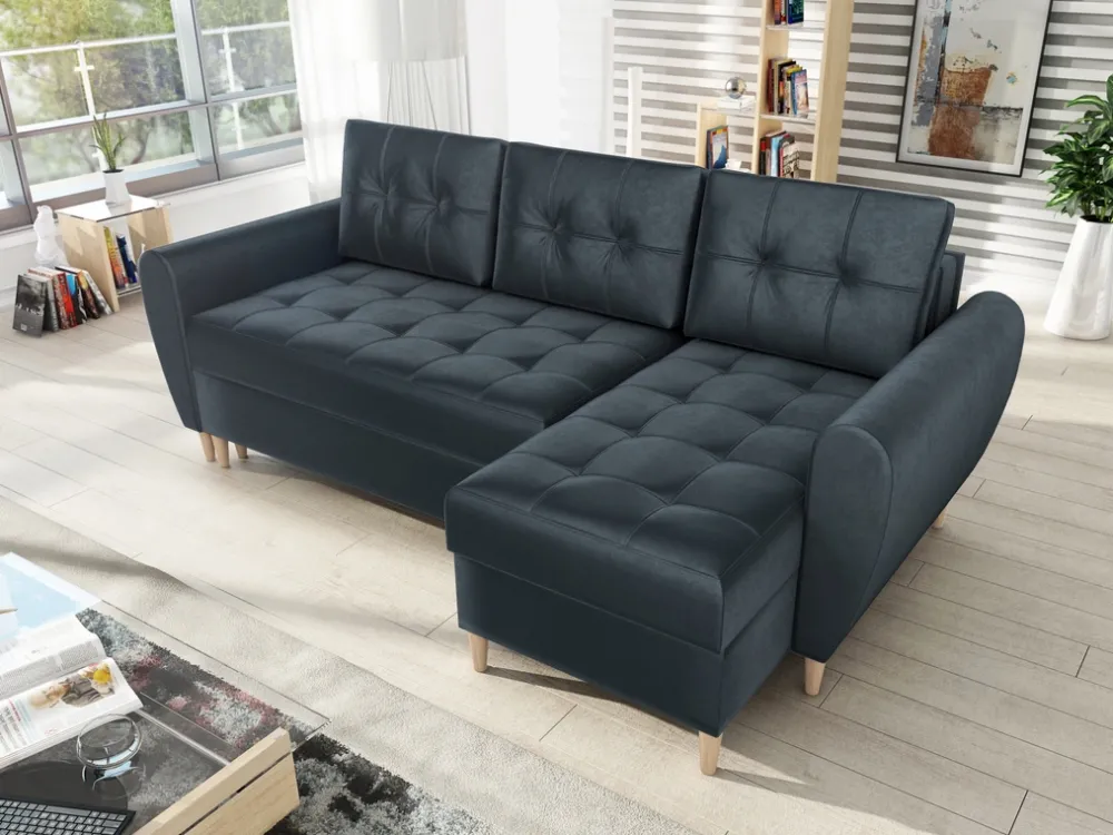 Narożniki>IZABELLA MEBLE Grafitowy narożnik z funkcją spania i pojemnikiem do salonu HENRY