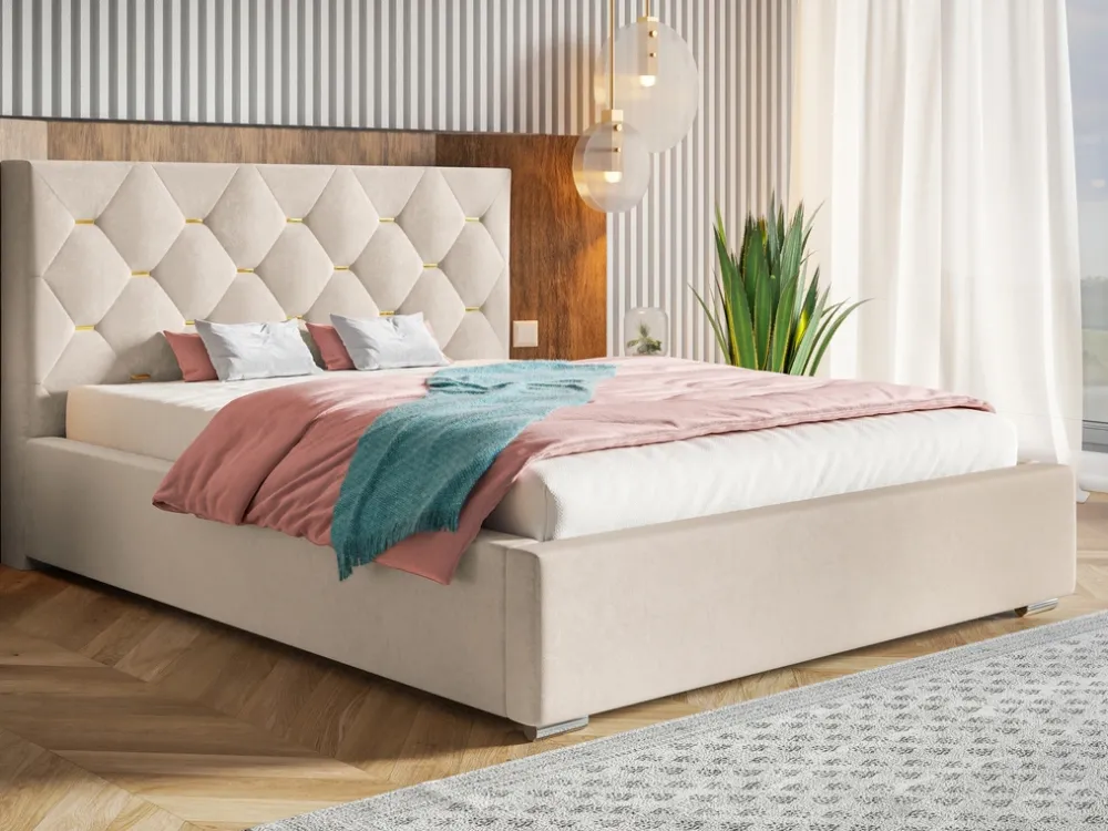 Łóżka Z Zagłówkiem|Łóżka Beżowe>Riban Granatowe łóżko 200x200 cm z pojemnikiem oparciem VIVID