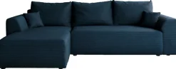 Narożniki>BROMARKT Granatowy narożnik z funkcją spania do salonu rozkładany ROMEO pojemnik na pościel
