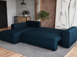 Narożniki>BROMARKT Granatowy narożnik z funkcją spania do salonu rozkładany ROMEO pojemnik na pościel