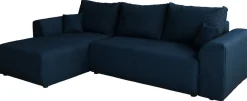 Narożniki></noscript>BROMARKT Granatowy narożnik z funkcją spania do salonu rozkładany ROMEO pojemnik na pościel