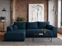 Narożniki></noscript>BROMARKT Granatowy narożnik z funkcją spania do salonu rozkładany ROMEO pojemnik na pościel