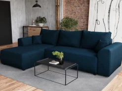 Narożniki></noscript>BROMARKT Granatowy narożnik z funkcją spania do salonu rozkładany ROMEO pojemnik na pościel