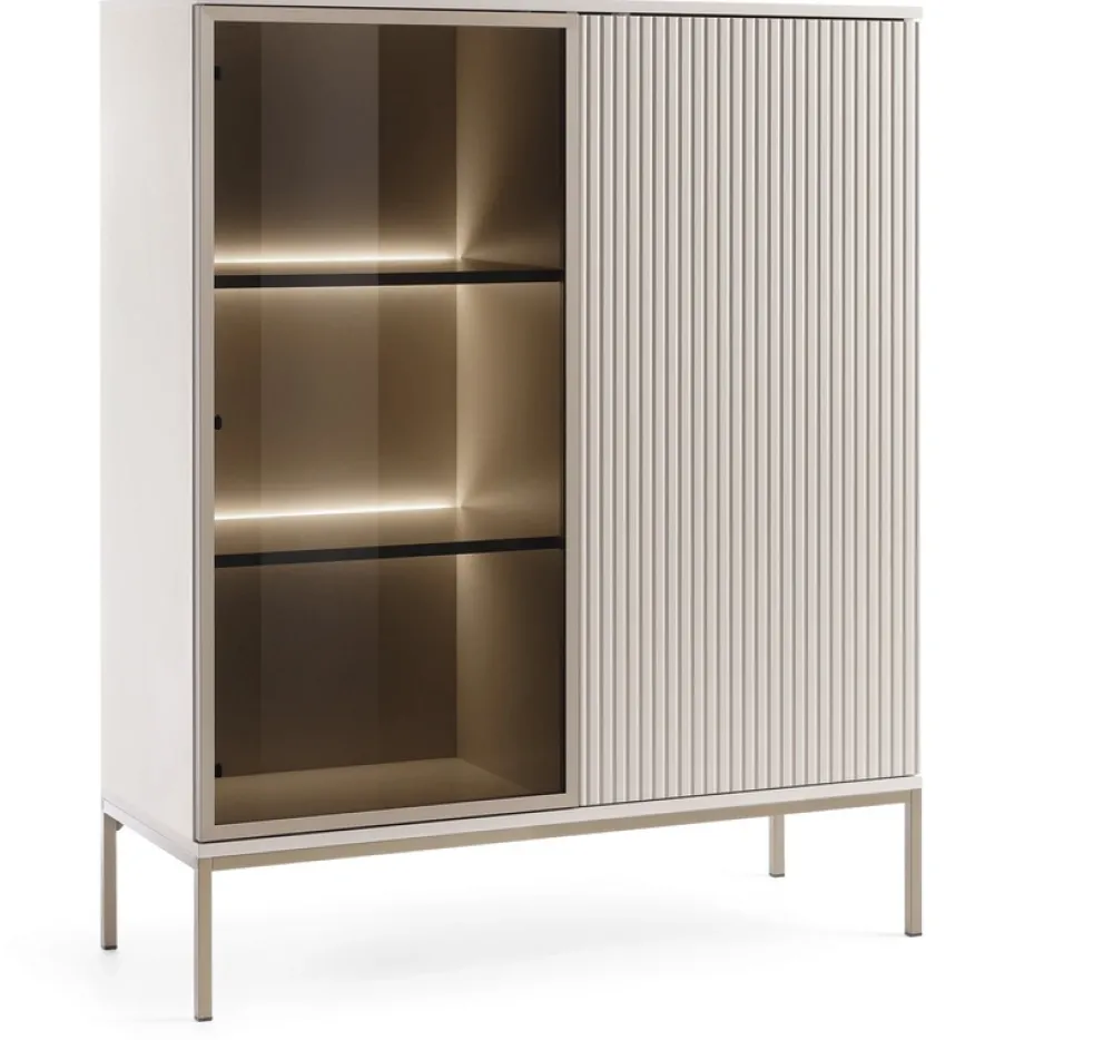 Zestawy Mebli Do Salonu|Witryny>PIASKI Kaszmirowa niska witryna na nóżkach do salonu 104 cm SEWILLA