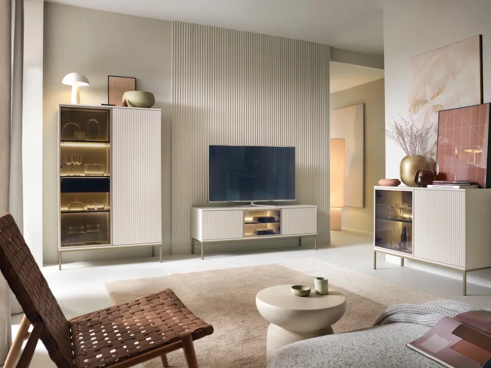 Zestawy Mebli Do Salonu|Witryny>PIASKI Kaszmirowa niska witryna na nóżkach do salonu 104 cm SEWILLA