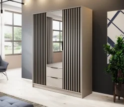 Meble Młodzieżowe></noscript>PIASKI owa pojemna szafa z lustrem i półkami 155 cm KELLY kaszmir