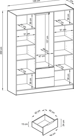 Meble Młodzieżowe></noscript>PIASKI owa pojemna szafa z lustrem i półkami 155 cm KELLY kaszmir