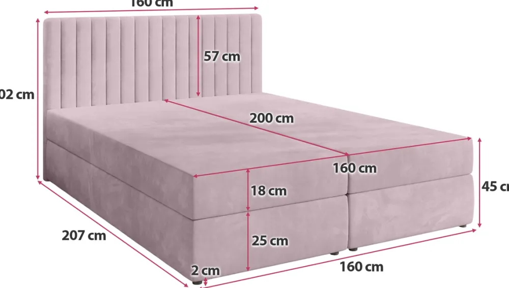 Łóżka Małżeńskie|Łóżka Ze Stelażem>BROMARKT Łóżko kontynentalne 160x200 cm z pojemnikiem na pościel DREAM pudrowy róż