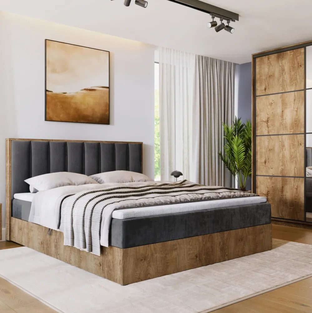 Łóżka Małżeńskie|Łóżka Z Pojemnikiem>BROMARKT Łóżko kontynentalne 160x200 do sypialni LOFT II z pojemnikiem dąb lefkas