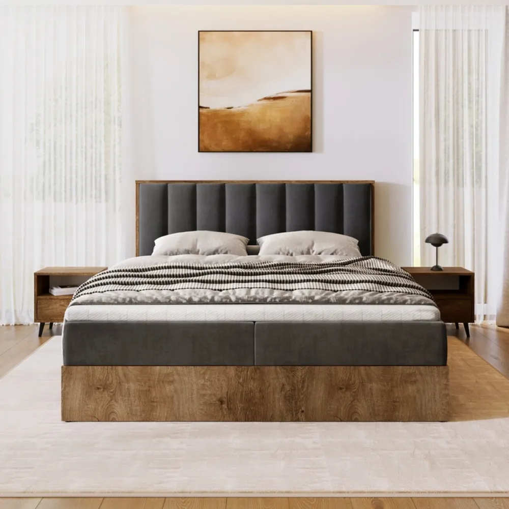 Łóżka Małżeńskie|Łóżka Z Pojemnikiem>BROMARKT Łóżko kontynentalne 160x200 do sypialni LOFT II z pojemnikiem dąb lefkas