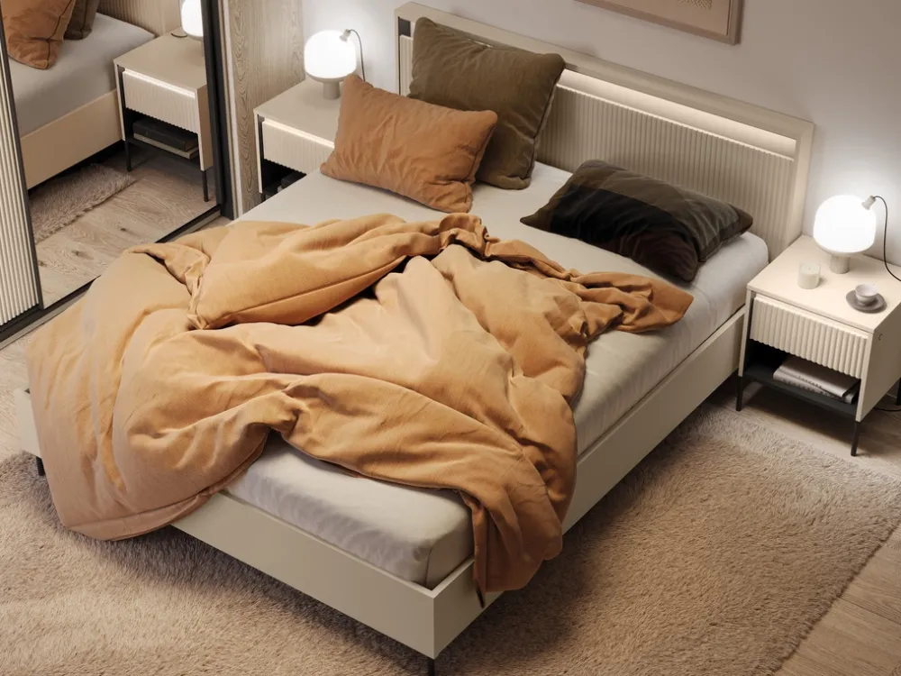 Łóżka Małżeńskie|Łóżka Ze Stelażem>lenart. Łóżko 160x200 cm do sypialni z pojemnikiem oświetlenie LED beżowe TREND