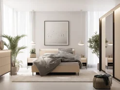 Łóżka Małżeńskie|Łóżka Ze Stelażem></noscript>lenart. Łóżko 160x200 cm do sypialni z pojemnikiem oświetlenie LED beżowe TREND