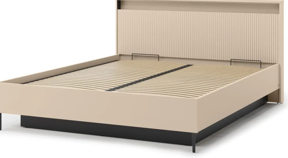 Łóżka Małżeńskie|Łóżka Ze Stelażem>lenart. Łóżko 160x200 cm do sypialni z pojemnikiem oświetlenie LED beżowe TREND