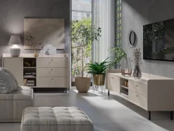 Zestawy Mebli Do Salonu|Komody></noscript>MEBLAR Komoda 150 cm z szufladami i półkami GAVIA beż piaskowy