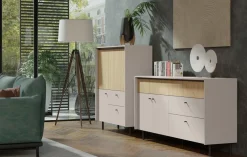 Komody>MEBLAR Komoda do salonu 163 cm z szufladami i półkami beż piaskowy MALIVO