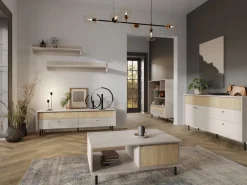 Komody></noscript>MEBLAR Komoda do salonu 163 cm z szufladami i półkami beż piaskowy MALIVO