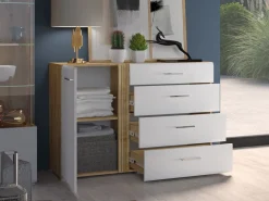 Komody></noscript>ML Meble Komoda do salonu z szufladami 134 cm ADAGIO biały połysk