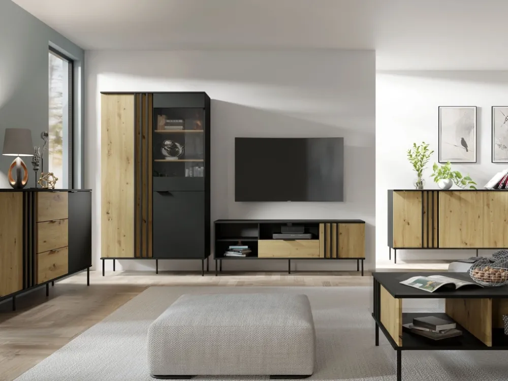 Zestawy Mebli Do Salonu|Komody>MEBLOSIEK Komoda dwudrzwiowa z szufladami 165 cm do salonu RUSTICA czarna