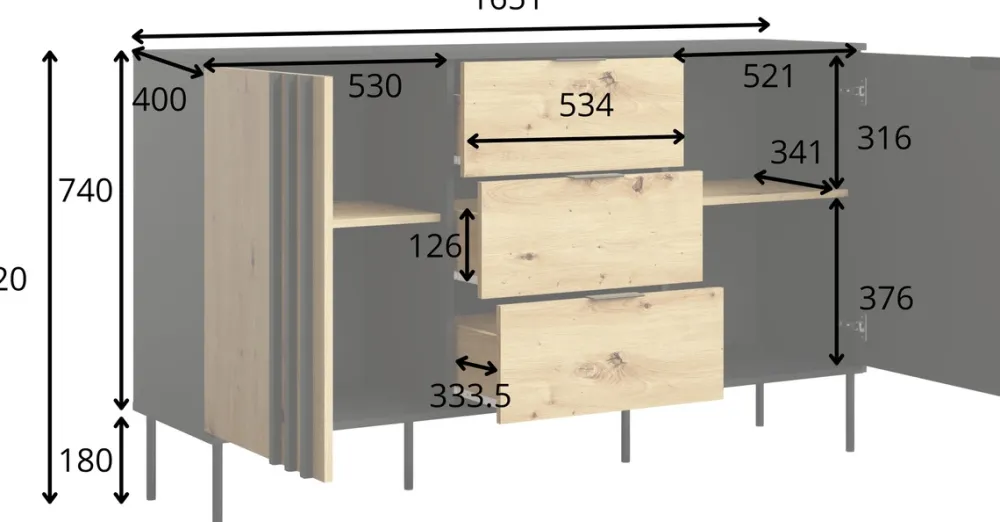 Zestawy Mebli Do Salonu|Komody>MEBLOSIEK Komoda dwudrzwiowa z szufladami 165 cm do salonu RUSTICA czarna