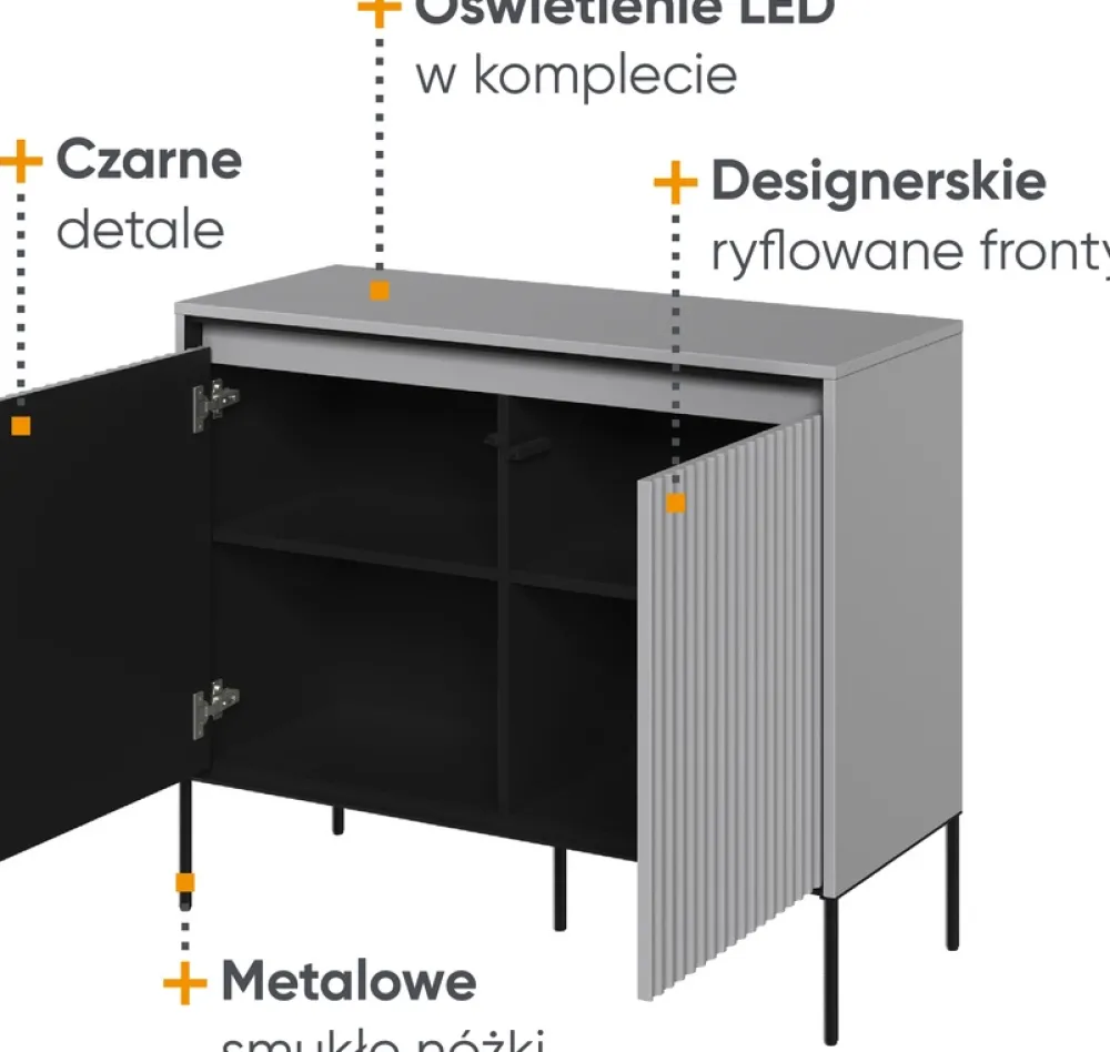 Komody>lenart. komoda na wysokich nóżkach do salonu z frezowanymi frontami TREND