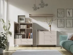 Zestawy Mebli Do Salonu|Komody></noscript>MEBLAR Komoda regał na książki z szufladami 103,5 cm GAVIA beż piaskowy
