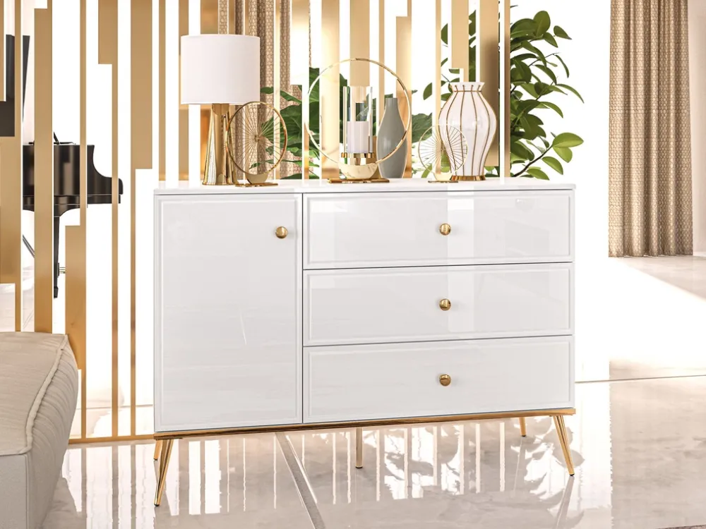 Komody>ML Meble Komoda z szufladami w stylu glamour GOLDIN biały połysk