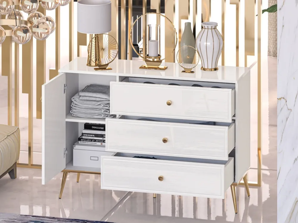 Komody>ML Meble Komoda z szufladami w stylu glamour GOLDIN biały połysk