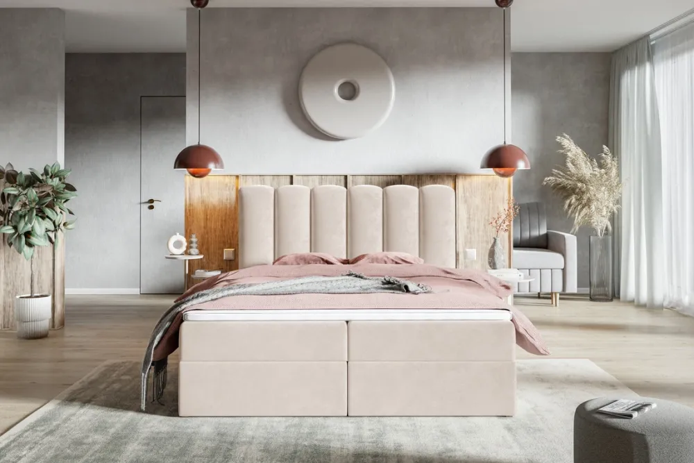 Łóżka Młodzieżowe|Łóżka Ze Stelażem>Riban Kontynentalne łóżko 140x200 cm z pojemnikiem beżowe dwuosobowe BALENO