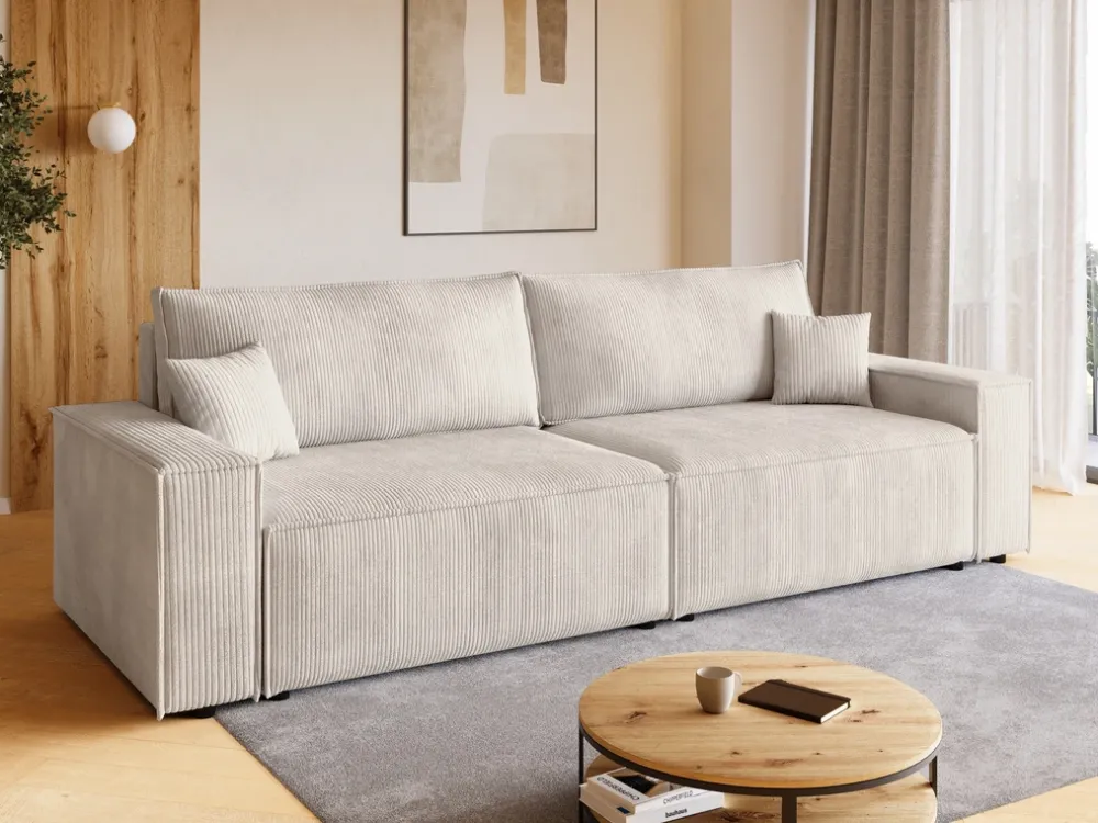 Kanapy I Sofy>BROMARKT Kremowa kanapa z funkcją spania i pojemnikiem na pościel sztruksowa ADI