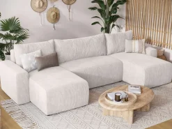 Narożniki></noscript>BROMARKT Kremowy narożnik sztruksowy z funkcją spania do salonu PLUSH U