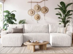 Narożniki></noscript>BROMARKT Kremowy narożnik sztruksowy z funkcją spania do salonu PLUSH U