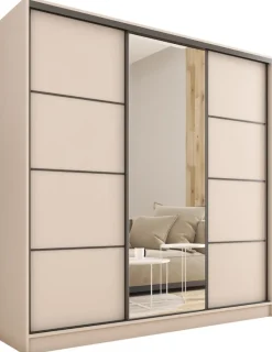 Szafy Trzydrzwiowe|Szafy Do Przedpokoju>BROMARKT Loftowa szafa przesuwna z lustrem 200 cm LOFT MAX beż piaskowy