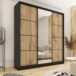 Szafy Trzydrzwiowe|Szafy Do Przedpokoju></noscript>BROMARKT Loftowa szafa przesuwna z lustrem 200 cm LOFT MAX z półkami