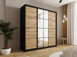 Zestawy Mebli Do Przedpokoju|Szafy Trzydrzwiowe></noscript>BROMARKT Loftowa szafa przesuwna z lustrem 200 cm z drążkami i półkami EDGE