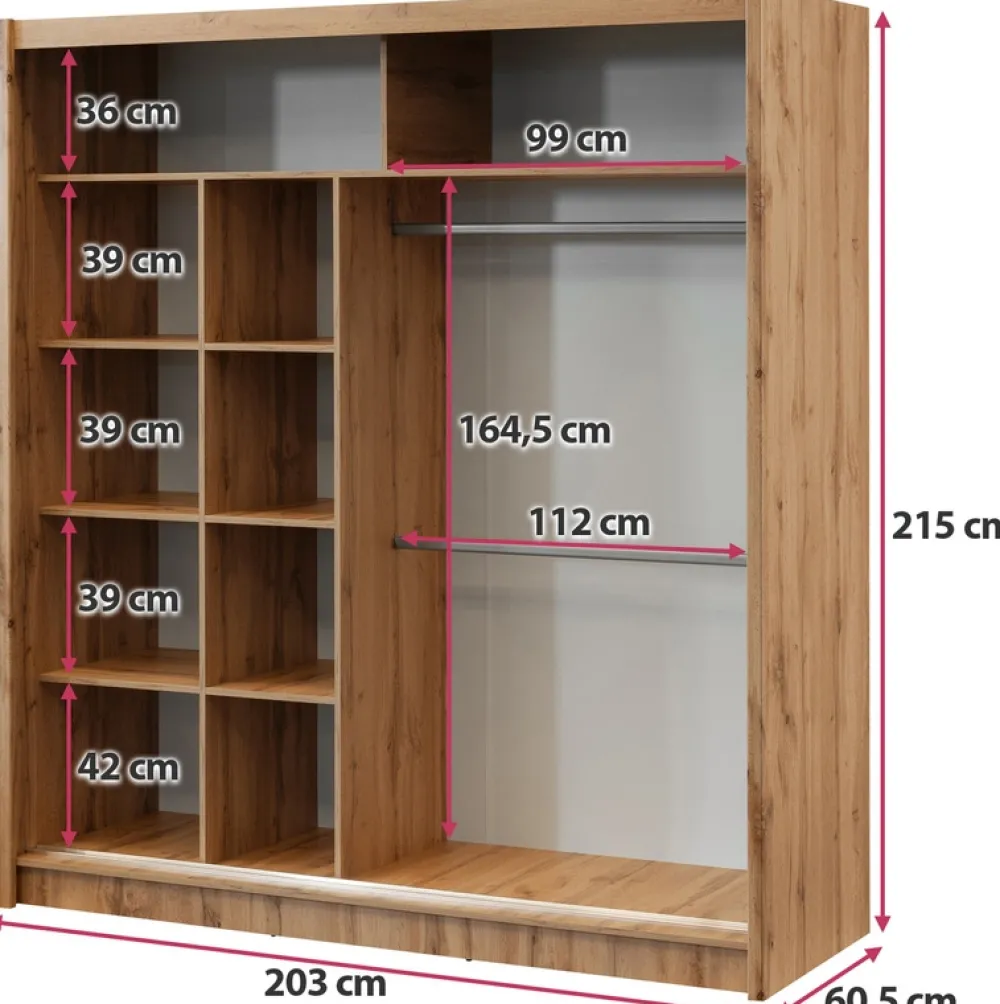 Zestawy Mebli Do Przedpokoju|Szafy Dwudrzwiowe>Stolar Loftowa szafa przesuwna z lamelami 203 cm LANDO dąb wotan