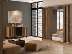 Zestawy Mebli Do Przedpokoju|Szafy Trzydrzwiowe></noscript>Stolar Loftowa szafa przesuwna z lustrem i lamelami 250 cm LANDO