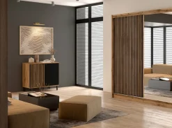 Szafy Dwudrzwiowe|Szafy Do Przedpokoju></noscript>Stolar Loftowa szafa przesuwna z lustrem i lamelami 203 cm LANDO