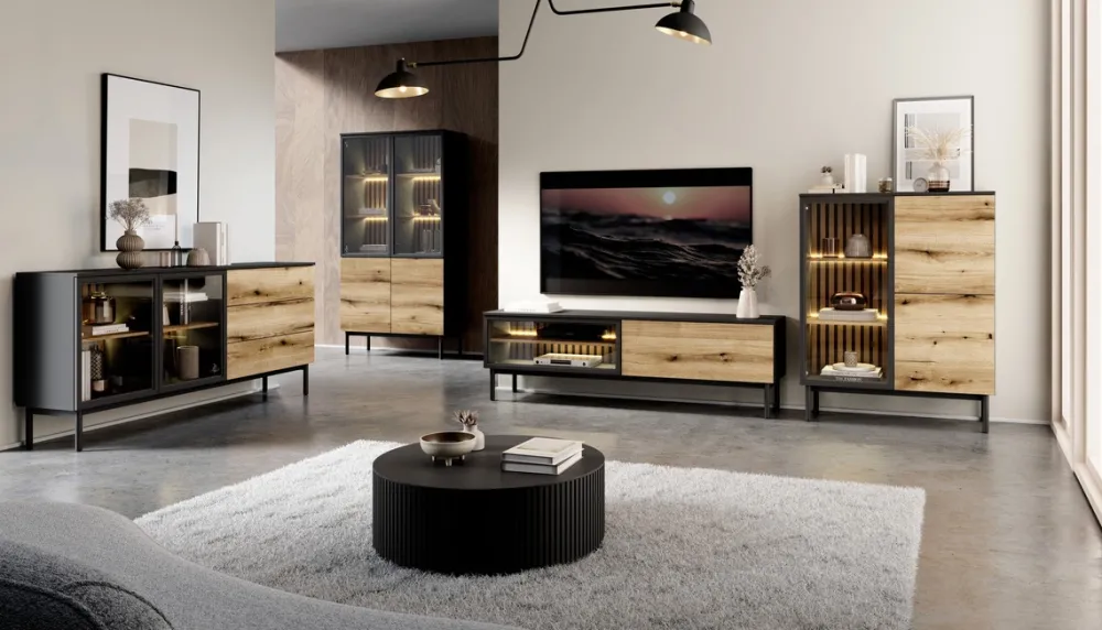 Szafki Rtv>LASKI Loftowa szafka RTV 150 cm na nóżkach do salonu LARINO