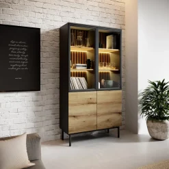 Zestawy Mebli Do Salonu|Witryny></noscript>LASKI Loftowa witryna na książki przeszklona 100 cm LARINO
