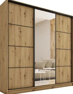 Zestawy Mebli Do Przedpokoju|Szafy Trzydrzwiowe>BROMARKT Loftowa wysoka szafa przesuwna z lustrem 200 cm LOFT MAX dąb artisan