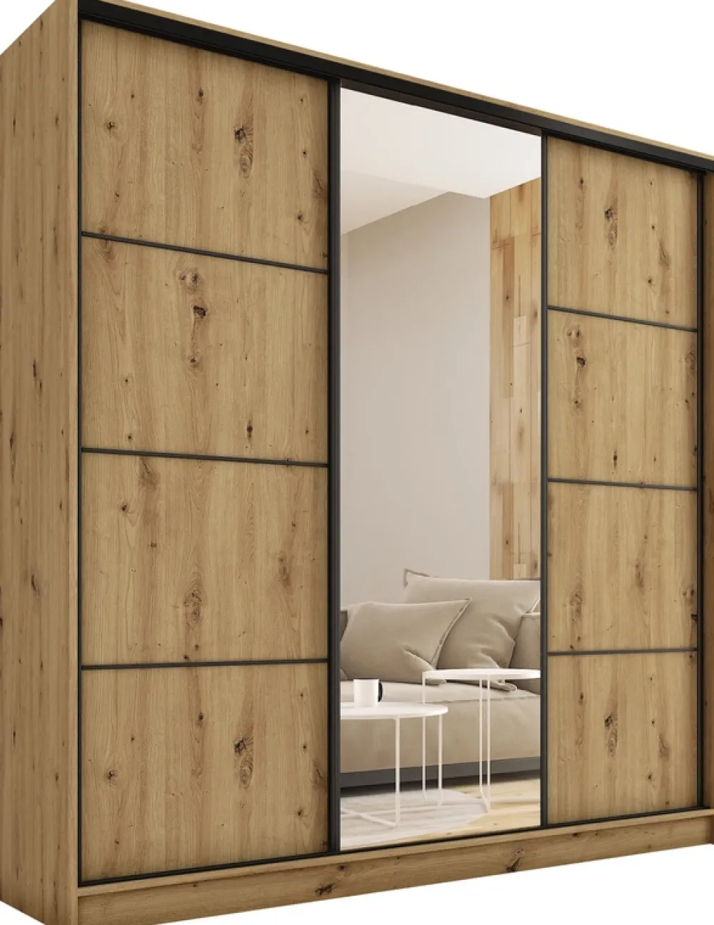 Zestawy Mebli Do Przedpokoju|Szafy Trzydrzwiowe>BROMARKT Loftowa wysoka szafa przesuwna z lustrem 200 cm LOFT MAX dąb artisan