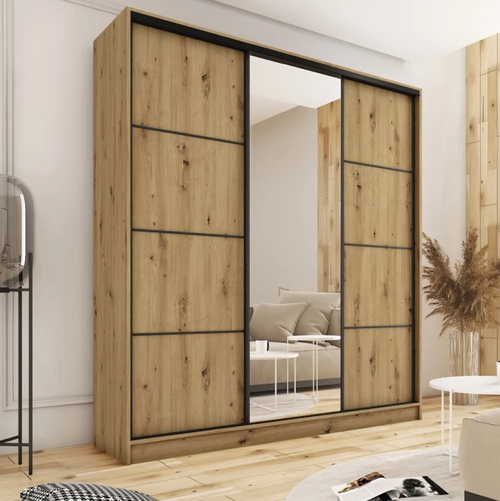 Zestawy Mebli Do Przedpokoju|Szafy Trzydrzwiowe>BROMARKT Loftowa wysoka szafa przesuwna z lustrem 200 cm LOFT MAX dąb artisan