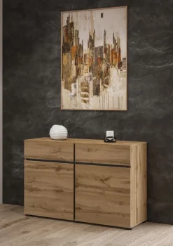 Zestawy Mebli Do Sypialni|Komody></noscript>Helvetia Mała komoda z szufladami do salonu 120 cm CROSS dąb wotan