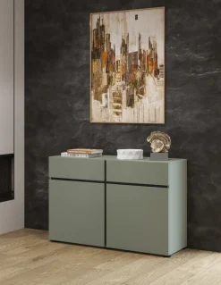 Zestawy Mebli Do Sypialni|Komody></noscript>Helvetia Mała zielona komoda z szufladami i półkami 120 cm CROSS