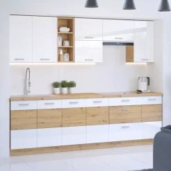 Meble Kuchenne>Lempert Meble kuchenne biały połysk z drewnem AGATA 2