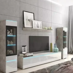 Meblościanki></noscript>BRATEX Meblościanka biały połysk beton VELLORE XL