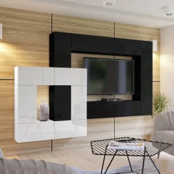 Zestawy Mebli Do Salonu>BROMARKT Meblościanka do salonu biało czarna połysk PREMIUM