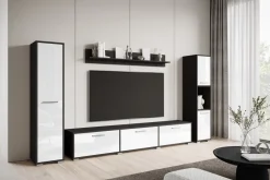 Meblościanki></noscript>BRATEX Meblościanka nowoczesna do salonu z szafką RTV BUENO biały połysk